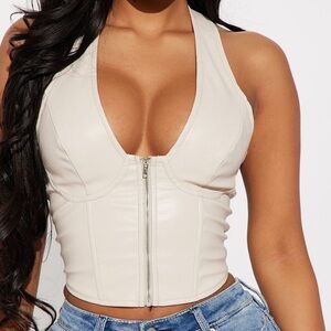 Fashion Nova Cream Halter Zip Tank Top